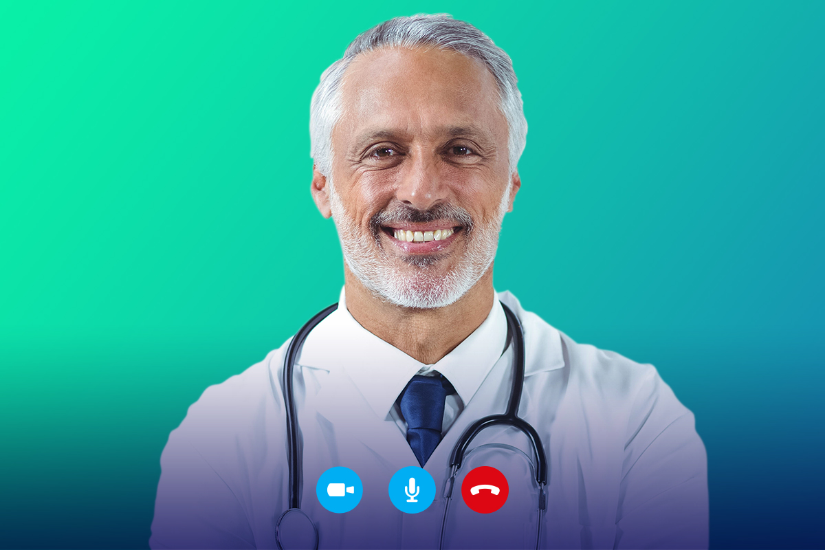 Portrait of a doctor on a video call for a virtual appointment with a patient. New normal lifestyle. Health care and medicine concept.